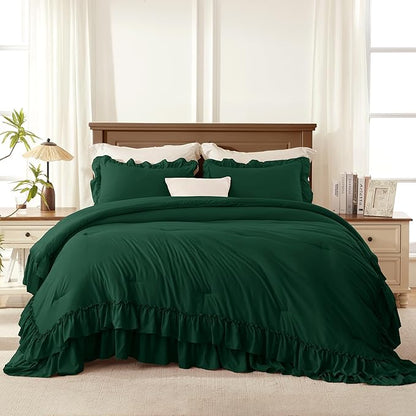 Andency Dark Green Ruffle Comforter Full Set, 3pcs Vintage Farmhouse Shabby Chic Bedding Comforter Set, Soft Lightweight Fluffy Bed Comforter Sets All Season Bedding Set