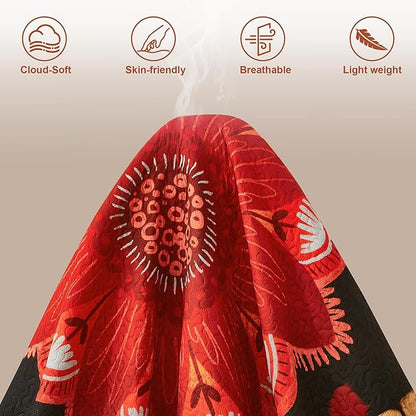 3 Piece Black Red Boho Floral Quilt Sets Full/Queen Farmhouse Reversible Lightweight Bedspread Coverlet with 2 Shams Vintage Mid Century Microfiber Bedding Quilts Set for All Season, 90''x96''