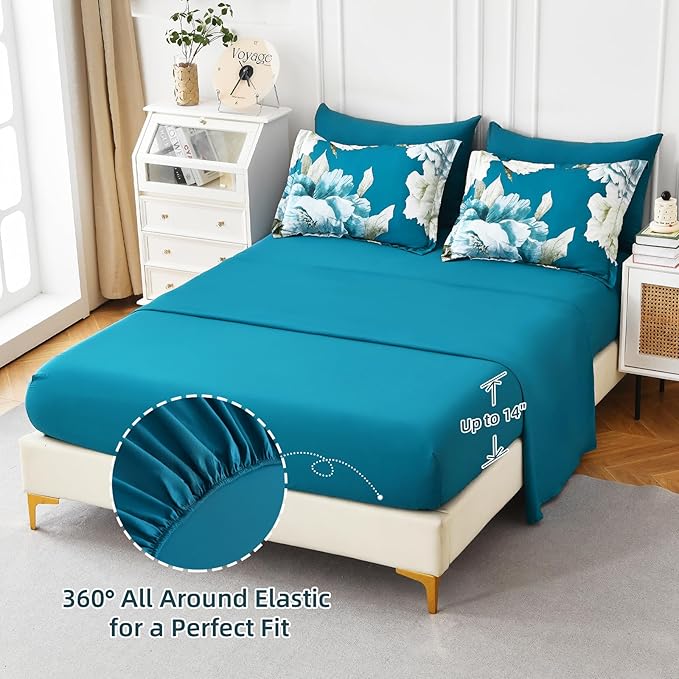 Dobuyly Teal Comforter Set Queen 7 Piece Bed in a Bag, Teal Blue Floral Printed Comforter Set with Sheets, Soft Microfiber Botanical Complete Bedding Set for All Season