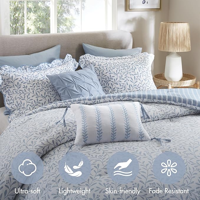 Madison Park 5-Piece Reversible Botanical Comforter Set - Summer Floral Print with Scalloped Edges, Lightweight Bedding with Decorative Pillows, King, Blue | Reversible, Lightweight
