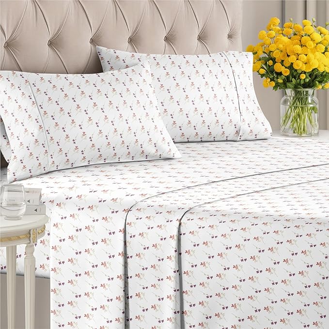 Floral Sheets - Pink & Purple Floral Bed Sheet Set - 1 Flat, 1 Fitted & 2 Pillowcases w/ Deep Pockets - Wrinkle & Fade Free - Boho Botanical Bedding - Ultra-Soft, Breathable & Cooling - Queen Size Set