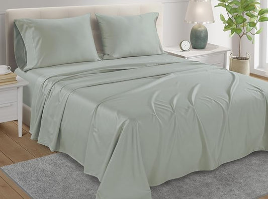 Deep Pocket Queen Sheets Set, Egyptian Cotton Sheets Queen Size Bed Set with Elasticated Fitted Sheet & Pillowcase Sets, Soft & Comfy 800TC Sateen, No Pill & Shrink Luxury Bedding, Sage Green Sheet