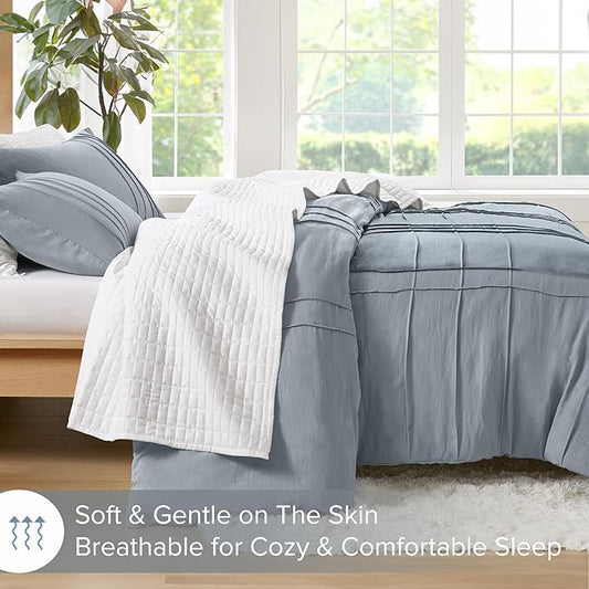 Comfort Spaces Blue/Grey Twin Size Comforter Set - 2 Piece Pintuck Pleated Bedding Set, All Season Lightweight, Extra Softness Pre-Washed Microfiber Bed Set, Shams