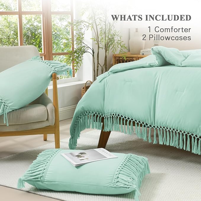 Andency Mint Comforter Set California King, 3 Pieces Boho Cal King Tassel Lightweight Soft Bedding Comforter Sets, Oversized Bed Set (104x96In Comforter & 2 Pillowcases)