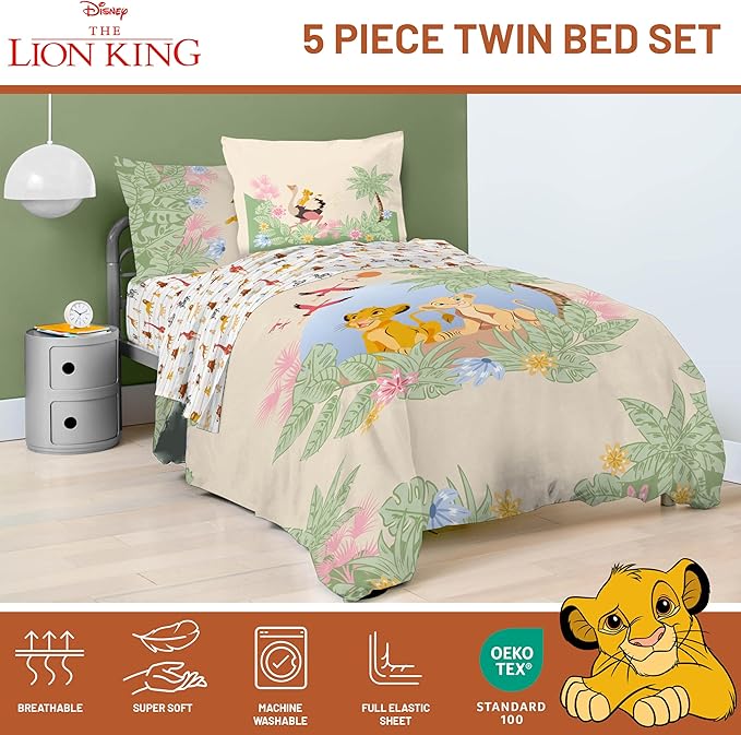 Jay Franco Kids Comforter Set Includes Sheets and Pillow Covers - Soft and Cozy Bed Set for Stylish Room Decor, Multi - Lion King, 5 Piece Twin Size Bedding