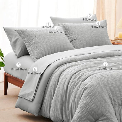 CozyLux Queen Comforter Set Light Grey Seersucker 7 Pieces Bed in a Bag Queen Comforter Set with Sheets, Light Gray Luxury Soft Bedding Set with Down Alternative Comforter, Sheets, Pillowcases & Shams