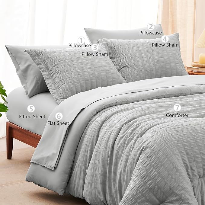 CozyLux Oversized Queen Comforter Set Light Grey Seersucker 7 Pieces 98x98 Bed in a Bag Comforter Set with Sheet, Luxury Bedding Set Down Alternative Comforter, Sheets, Pillowcases & Shams, Light Gray