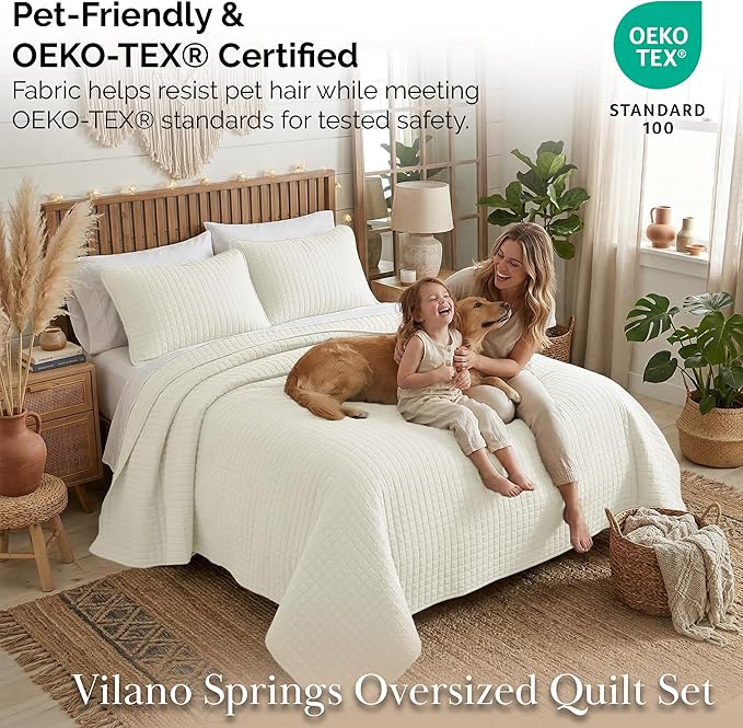 Southshore Fine Living, Inc. Oversized King Quilt Bedding Set, Soft Brushed Microfiber, Wrinkle-Free, Stain and Pet Hair Resistant Bedding, California/King Size Quilt Coverlet Set w/2 Shams, Cream