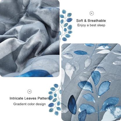 Anibedding Blue Comforter Set Queen Size 7 Piece Navy Botanical Gradient Leaves Ultra Soft Microfiber Down Alternative Bedding Set Lightweight Reversible Bed Comforter Set for All Season 90" x 90"