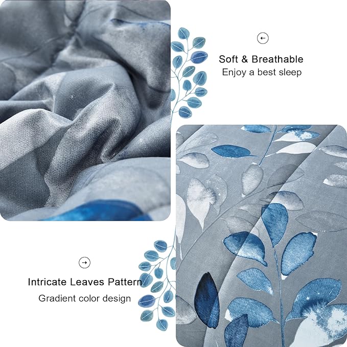 7 Piece Blue Botanical Bed in a Bag King Floral Comforter Set - Elegant Gradient Leaves Bedding Set for All Season (1 Comforter, 2 Pillow Shams, 2 Pillowcases, 1 Flat Sheet, 1 Fitted Sheet)