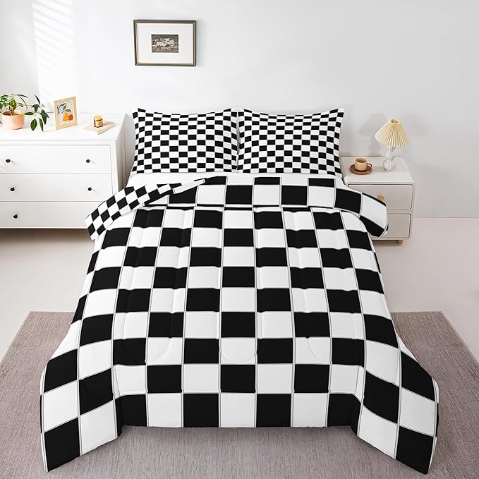 Erosebridal Boys Checkered Comforter Set Twin Black White Checkered Kids Bedding Set Teen Boy Geometric Grids Plaid Comforter Preppy Bedroom Decor,Gingham Quilt Duvet 2 Pcs