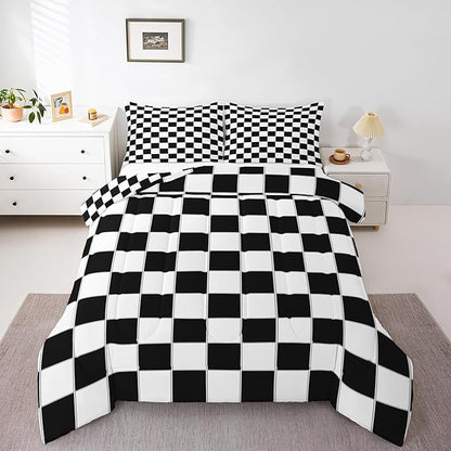 Erosebridal Boys Checkered Comforter Set Twin Black White Checkered Kids Bedding Set Teen Boy Geometric Grids Plaid Comforter Preppy Bedroom Decor,Gingham Quilt Duvet 2 Pcs