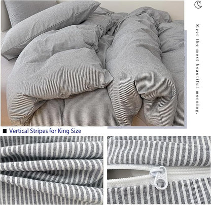 VM VOUGEMARKET Washed Cotton Grey Striped Duvet Cover Set King,Pinstripes Duvet Cover with 2 Pillowcases Modern Simple Farmhouse Style Bedding Set-Vertical Stripes