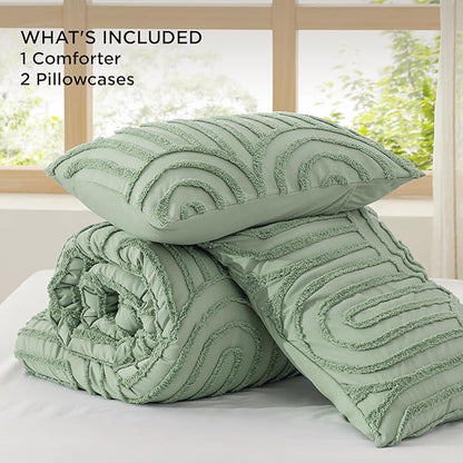 Bedsure Boho Tufted Green Comforter Full Size, GentleSoft™ 3 Pieces Boho Farmhouse Decor Bedding, Arch Shabby Chic Bedding for All Seasons, 1 Bed Comforter, 2 Pillow Shams, 82x86 Inches