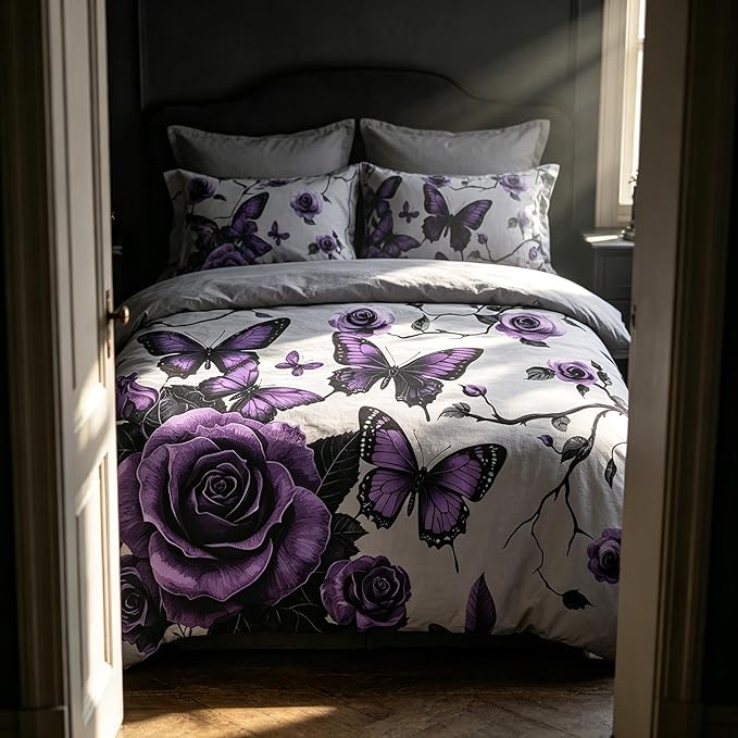 Grey Vintage Comforter Set Full Size, Purple Floral Bedding Set for Gothic Bedroom Decor, 23 Pieces Soft Microfiber Lightweight Comforter Set with 2 Pillowcases, 79"x90"