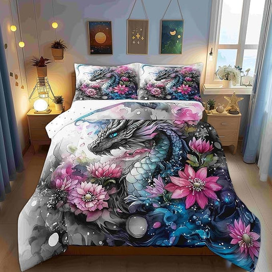 Castle Fairy Chinese Loong 3 Pcs Queen Size Comforter Set,Wild Animals Dragon Down Alternative Adults Room Decor,Retro Flower Ink Wash Painting Ultra Soft Microfiber Inner Fill 3Pcs Bedding