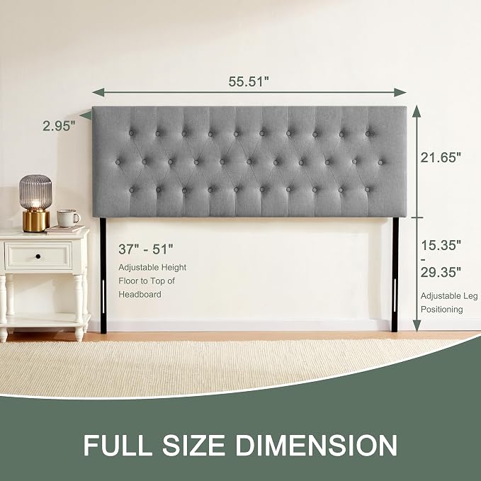 Tufted Upholstered Headboard Full Size, Adjustable Height 37- 51 in, Gray | Sturdy and Durable Solid Wood Full XL Headboard, Fabric Full Headboard Only, Modern Button Diamond Design Head Board