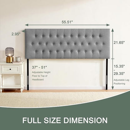 Tufted Upholstered Headboard Full Size, Adjustable Height 37- 51 in, Gray | Sturdy and Durable Solid Wood Full XL Headboard, Fabric Full Headboard Only, Modern Button Diamond Design Head Board