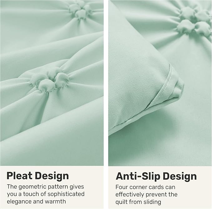 UNIKOME King Size Comforter Set Sage Green - Ultra Soft Boho Pintuck Down Alternative Bedding Set for All Seasons, 3 Pieces Lightweight Warm Pinch Pleat Bed Set with Comforter, 2 Pillowcases