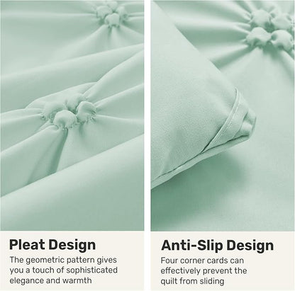 UNIKOME King Size Comforter Set Sage Green - Ultra Soft Boho Pintuck Down Alternative Bedding Set for All Seasons, 3 Pieces Lightweight Warm Pinch Pleat Bed Set with Comforter, 2 Pillowcases
