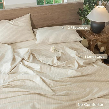 MooMee Striped Duvet Cover Set 100% Washed Cotton Linen Like Textured Breathable Durable Soft Comfy (Almond Milk Grey White Wide Stripes, Oversized Full 82"x86")