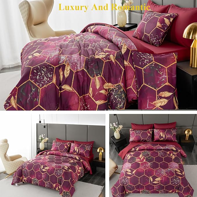 ANGIYUIN 7Pcs Burgundy and Gold Bed-in-A-Bag Honeycomb Hexagon Full Comforter Sets, 3D Geometric Watercolor Comforter Bedding Sets, Foil Print Bed Sets with Sheets for All Season (Burgundy, Full)