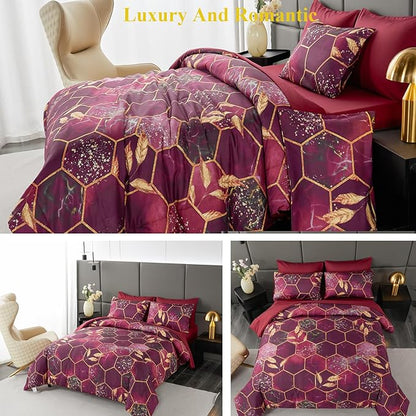 ANGIYUIN 7Pcs Burgundy and Gold Bed-in-A-Bag Honeycomb Hexagon Full Comforter Sets, 3D Geometric Watercolor Comforter Bedding Sets, Foil Print Bed Sets with Sheets for All Season (Burgundy, Full)