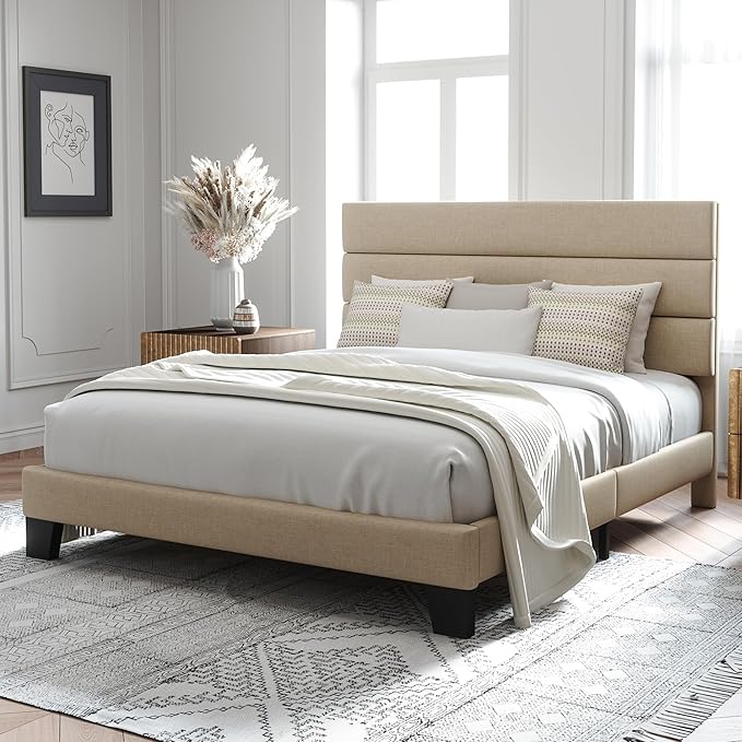 Allewie Queen Size Platform Bed Frame with Fabric Upholstered Headboard | Wooden Slats Support, Fully Upholstered Mattress Foundation, No Box Spring Needed, Easy Assembly, Noise-Free, Beige