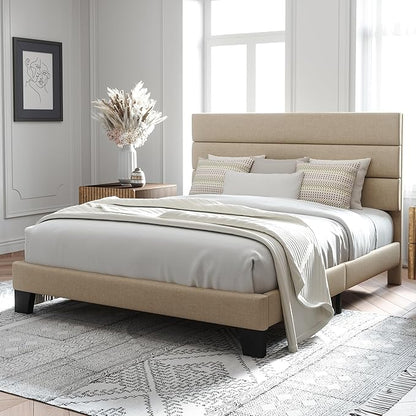 Allewie Queen Size Platform Bed Frame with Fabric Upholstered Headboard | Wooden Slats Support, Fully Upholstered Mattress Foundation, No Box Spring Needed, Easy Assembly, Noise-Free, Beige
