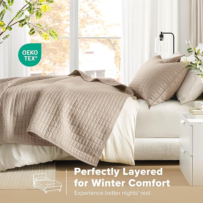 Comfort Spaces Kienna Quilt Set- Double Sided Stitching Design Summer Blanket, Lightweight, Soft, All Season Bedding Layer, Matching Sham, Taupe, Coverlet King (104"x90") 3 Piece