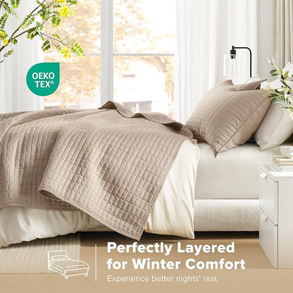 Comfort Spaces Kienna Quilt Set- Double Sided Stitching Design Summer Blanket, Lightweight, Soft, All Season Bedding Layer, Matching Sham, Taupe, Coverlet King (104"x90") 3 Piece