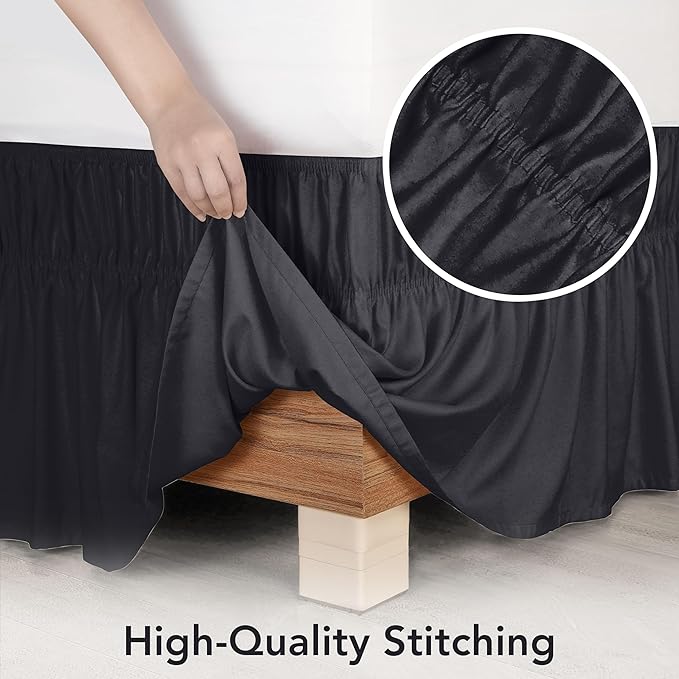 Wrap Around Ruffle Full Size Bed Skirt – Adjustable Buckle & Elastic Belt for Easy Installation, 16 Inch Drop – Brushed Microfiber - Machine Washable, Fade and Wrinkle Resistant, Black
