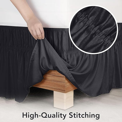 Wrap Around Ruffle Full Size Bed Skirt – Adjustable Buckle & Elastic Belt for Easy Installation, 16 Inch Drop – Brushed Microfiber - Machine Washable, Fade and Wrinkle Resistant, Black