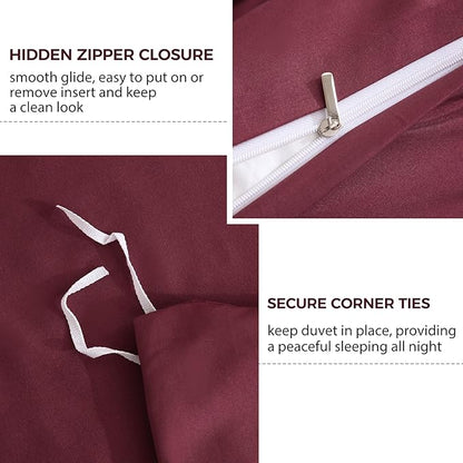JSD Burgundy Duvet Cover Set King Size, 3 Piece Duvet Cover with Pillow Shams, Soft Brushed Microfiber Zipper Closure, Comforter Not Included