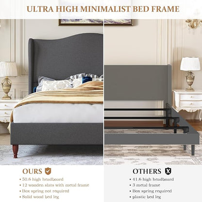 koorlian Full Size Upholstered Bed Frame with 51'' Tall Headboard, Grey | Reinforced Platform Bed, Easy Assembly, Soft Fabric, Sleigh Wingback, Solid Wood Retro Legs, Noise-Free, Classic & Simple