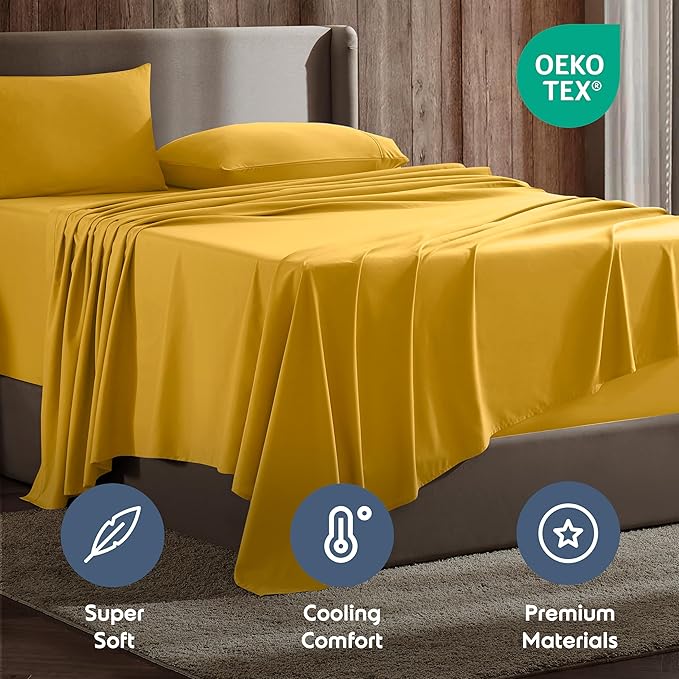 Nestl California King Sheet Set - 1800 Ultra-Soft Microfiber Cal King Bed Sheets - Double Brushed - Deep Pockets - Easy Fit - 4 Piece Set - Bed Sheets (California King, Yellow)