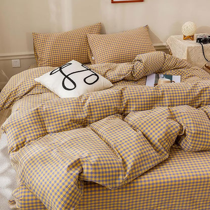 HighBuy Yellow Gingham Comforter Set Queen Size, Modern Chic Purple Plaid Pattern Comforter Fluffy with 2 Pillowcases for Men Women, 3 Pieces Lightweight Bedding Comforter Set for All Seasons