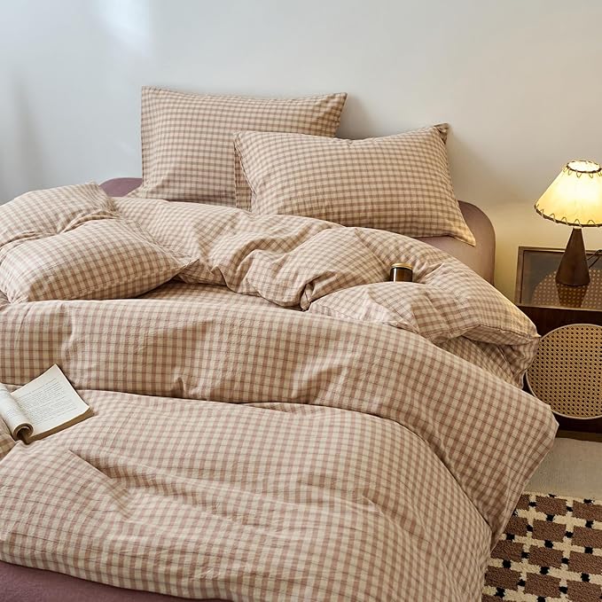Gingham Duvet Cover Twin XL Blush Pink Washed Cotton Comforter Cover Twin XL Cute Plaid Checkered Zipper Duvet Cover Set with 2 Pillow Cases Boho Girls Bedding Set Vintage Duvet Protector
