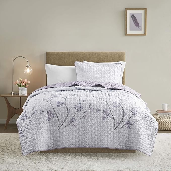 Comfort Spaces Reversible Quilt Set-Vermicelli Stitching Design All Season, Lightweight, Coverlet Bedspread Bedding, Matching Shams, Twin/Twin XL (66 in x 90 in), Kate Floral Purple 2 Piece