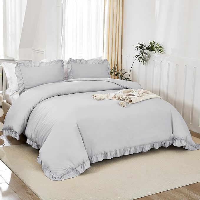 Litanika Light Grey Queen Comforter Set, 3 Pieces Ruffle Farmhouse Aesthetic Bedding Comforter Set, All Season Soft Lightweight Fluffy Microfiber Bed Set(90x90In Comforter, 2 Pillowcases)