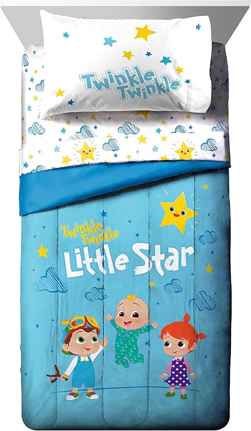 Jay Franco CoComelon Little Star 7 Piece Full Size Bed Set - Includes Comforter & Sheet Set - Bedding Features JJ, YoYo, & Tomtom - Super Soft Fade Resistant Microfiber (Official CoComelon Product)