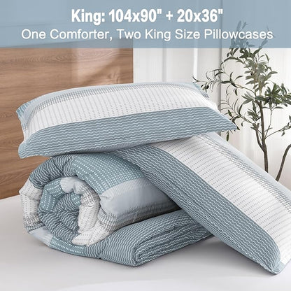 Litanika Comforter Set - Lightweight Quilt Bedding Comforter Sets, Colorblock Stripe Fluffy Bed Set, All Season Down Alternative, King Light Blue