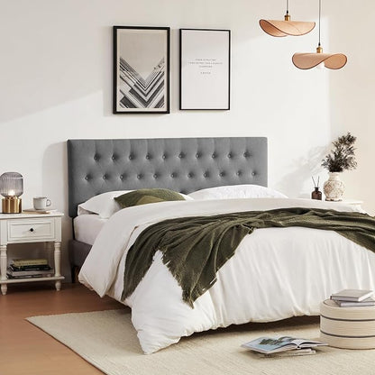 Tufted Upholstered Headboard King Size, Adjustable Height 37- 51 in, Gray | Sturdy and Durable Solid Wood Bed Headboard, Fabric King Headboard Only, Modern Button Diamond Design Head Board