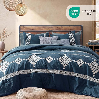 MaiRêve Embroidery Queen Size Comforter Set Navy Blue, Boho Farmhouse Western Bedding Set 7 Pieces, All Season Bed in A Bag Comforter Set with Sheets, Pillowcases & Shams