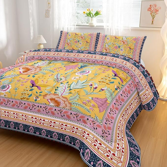 Retro Plants Comforter Sets Queen Size,Flower Pattern Bedding Set for Your Room,Rectangle Abstract Soft Lightweight Quilted Set All Season 1 Comforter and 2 Pillowcases