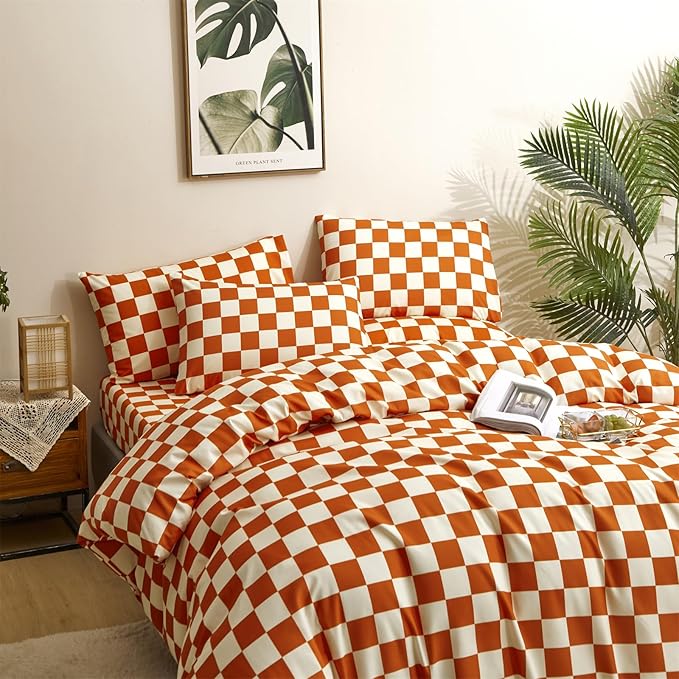 CLOTHKNOW Orange Plaid Full Size Comforter Set Grid Bedding Comforter Sets Terracotta Checker Comforter with 2 x Pillow Cases