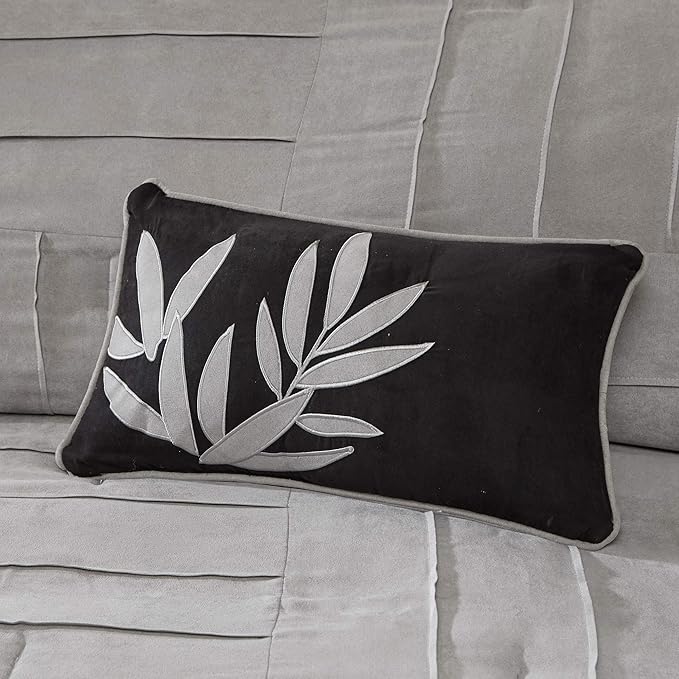 Madison Park Cozy Comforter Set Casual Blocks Design All Season, Matching Bed Skirt, Decorative Pillows, King(104"x92"), Dune Suede, Black Grey, 7 Piece