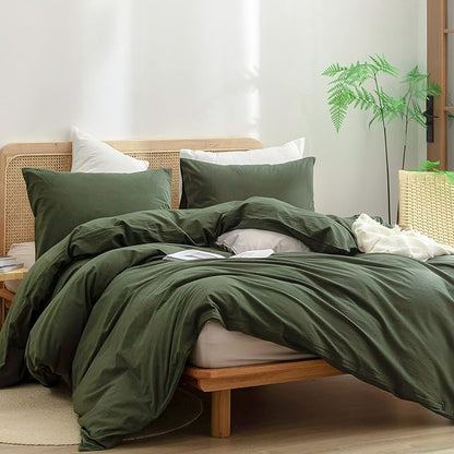 BESTOUCH Duvet Cover Set 100% Washed Cotton Linen Feel Super Soft Comfortable Chic Lightweight 3 PCs Home Bedding Set Solid Olive Green Oversized Queen