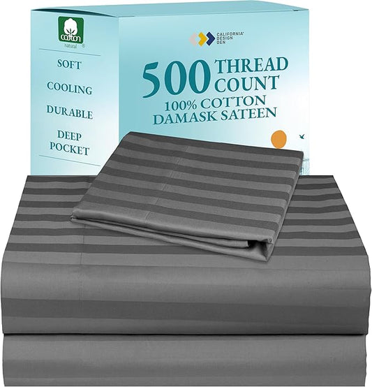 California Design Den - Luxury Bed Sheet Twin XL Soft 100% Cotton Sheets Deep Pockets, 500 Thread Count Sateen, 3-Pc Set, Damask Stripe Sheet Set, Twin XL Sheets (Grey - Striped)