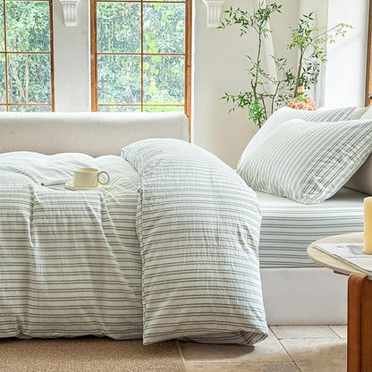 Striped Duvet Cover Set 100% Washed Cotton Linen Like Soft Feelling Breathable Bedding(White/Sage Green Strip,Twin)